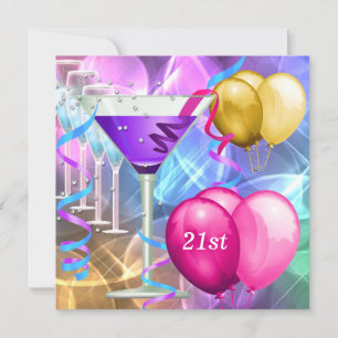 Invitation 21e Anniversaire Blanc rose violet Martini Ballons