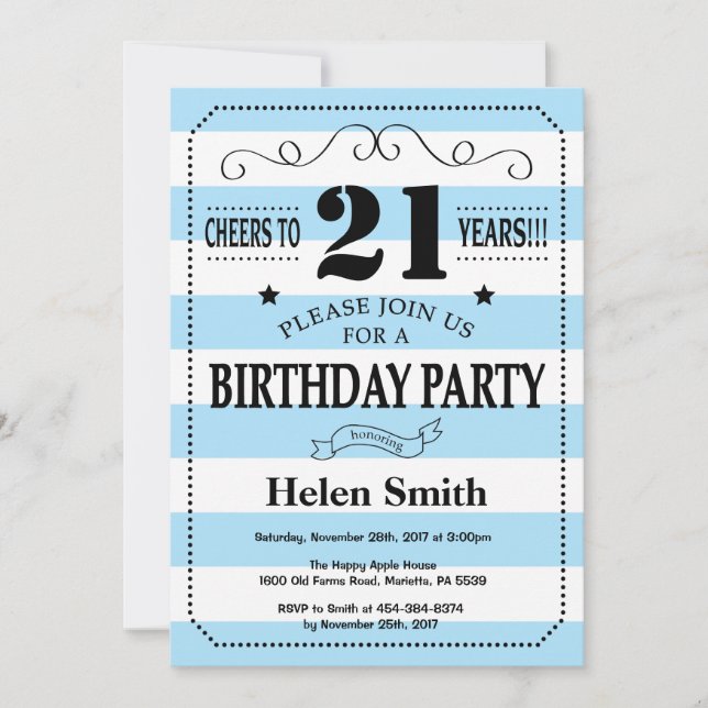 Invitation 21e anniversaire Bleu et blanc rayures (Devant)