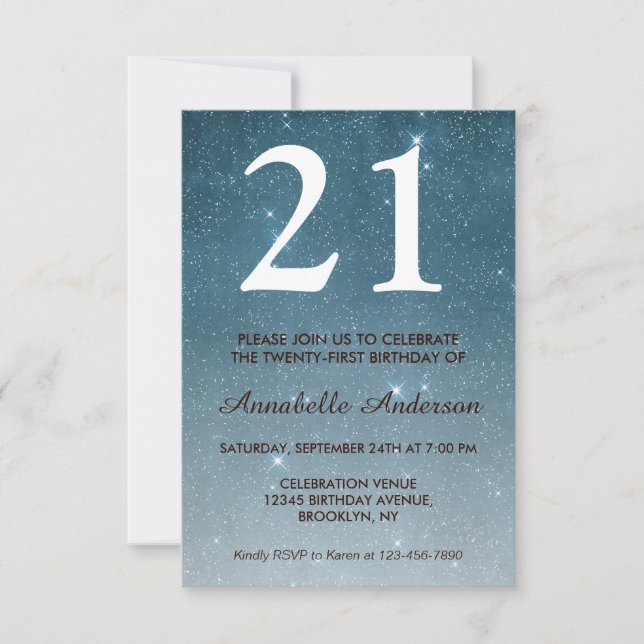 Invitation 21e Anniversaire Bleu Minuit Nuit Sky Star Étincel (Devant)
