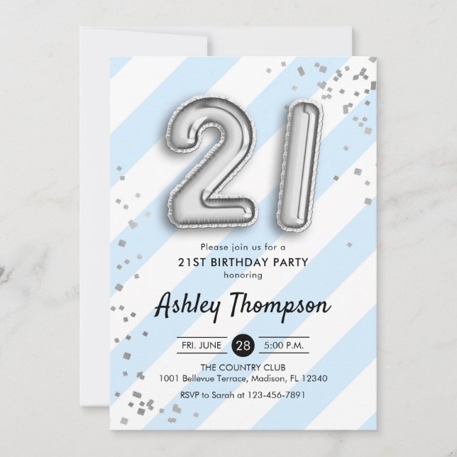 Invitation 21e anniversaire - Bleus et Ballons d'argent (Devant)