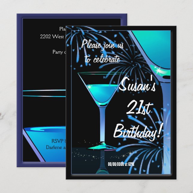 Invitation 21e anniversaire Blue Martini Cocktail Party (Devant / Derrière)