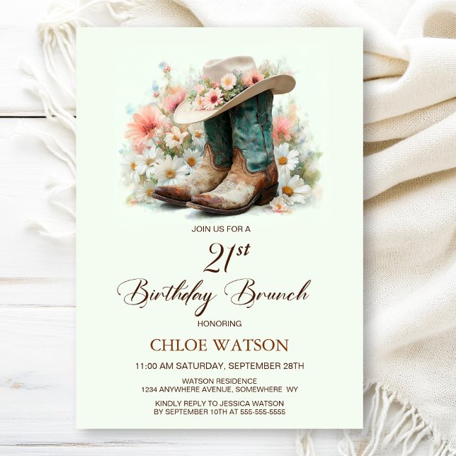Invitation 21e anniversaire Bottes de fille Anniversaire Brun (Créateur téléchargé)