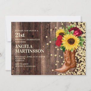 Invitation 21e anniversaire Bottes en bois rustique tournesol