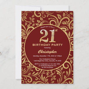 Invitation 21e anniversaire Bourgogne rouge et or modèle flor