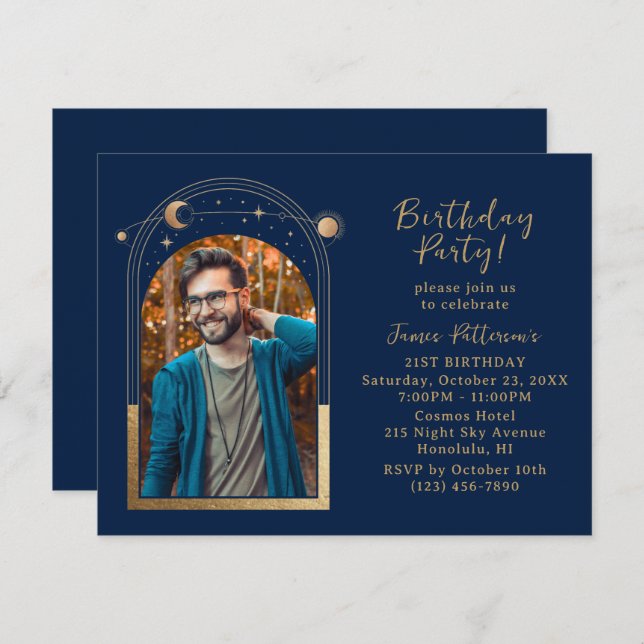 Invitation 21e Anniversaire Céleste Photo Blue Gold Moon (Devant / Derrière)