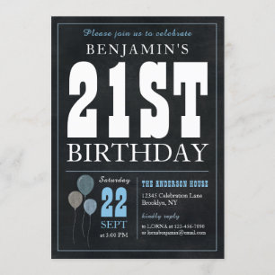 Invitation 21e Anniversaire Chalkboard Blue Balloon Rustic Ch