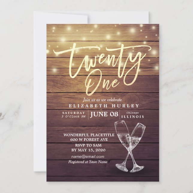 Invitation 21e Anniversaire Champagne Lunettes de bois Lumièr (Devant)
