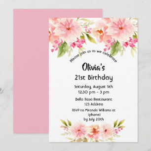 Invitation 21e anniversaire corail dahlia fleurs rose pastel