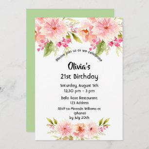 Invitation 21e anniversaire corail dahlia fleurs vert