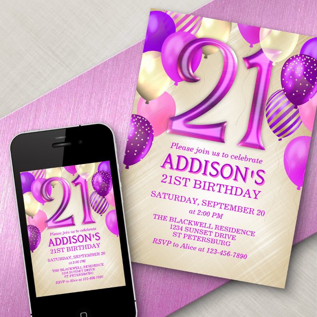 Invitation 21e Anniversaire de ballons roses (Créateur téléchargé)
