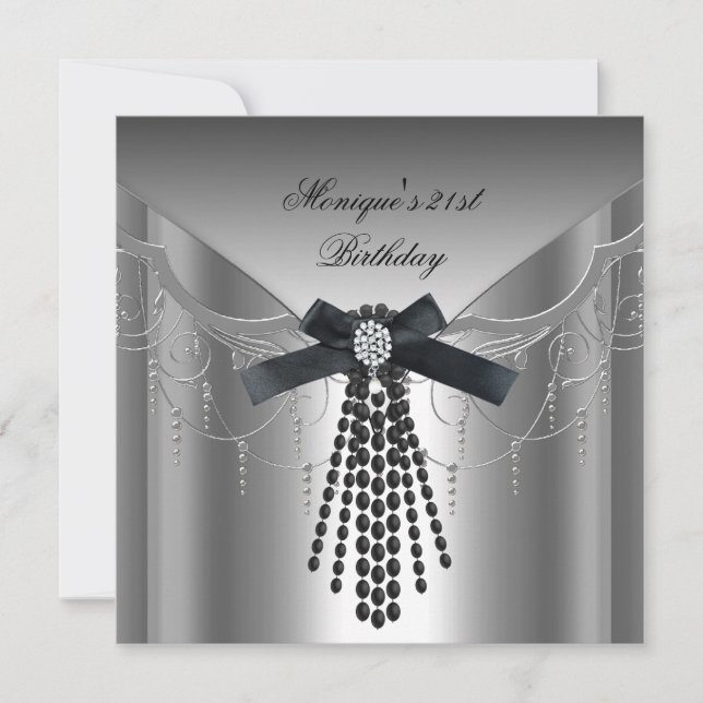 Invitation 21e anniversaire de fête Argent noir diamant Bow (Devant)