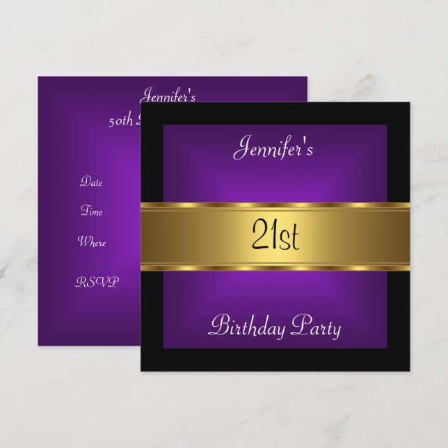 Invitation 21e anniversaire de fête Purple Gold (Devant / Derrière)