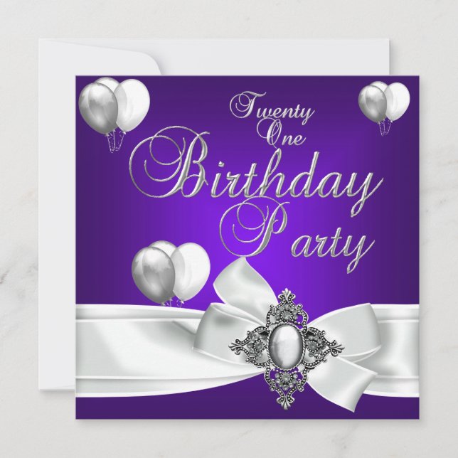 Invitation 21e Anniversaire de violet blanc Ballons d'argent (Devant)