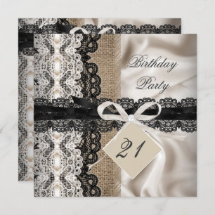 Invitation 21e Anniversaire Dentelle Rustique Burlap Soie
