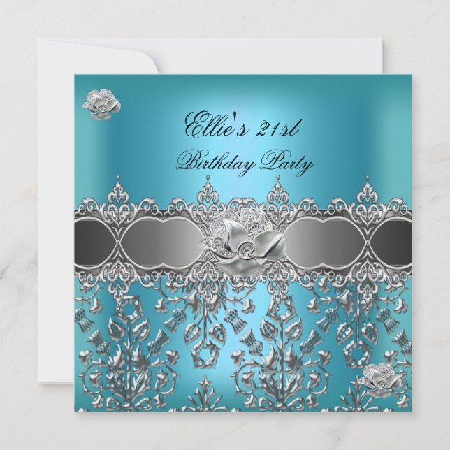 Invitation 21e anniversaire Elégant bleu Turquoise argent flo (Devant)
