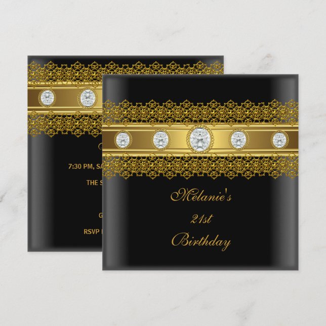 Invitation 21e anniversaire Elegant dentelle Black Gold Diamo (Devant / Derrière)
