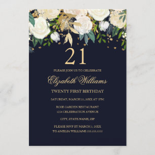 Invitation 21e anniversaire Elegant Navy Gold Floral Invitati