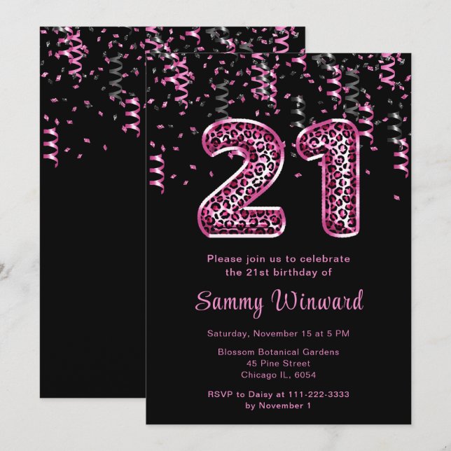 Invitation 21e anniversaire Empreintes de léopard ballons ave (Devant / Derrière)