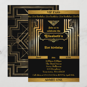 Invitation 21e, Anniversaire femme 21e, Gatsby, billet, or no