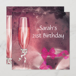 Invitation 21e Anniversaire Fête Champagne Rose Bow en verre 