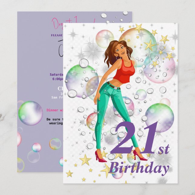 Invitation 21e anniversaire fête mignonne fille mème bulles é (Devant / Derrière)