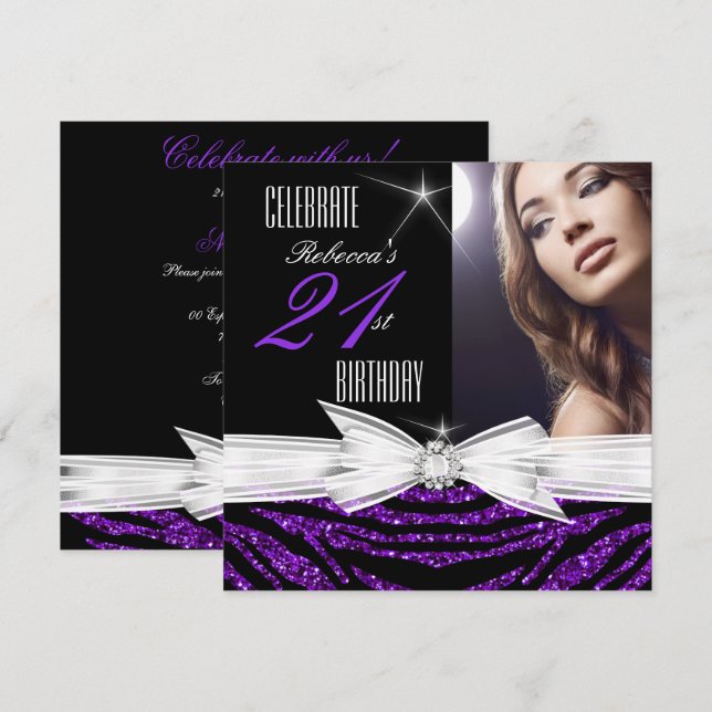 Invitation 21e Anniversaire Fête Purple 21 Zèbre Photo 3 (Devant / Derrière)