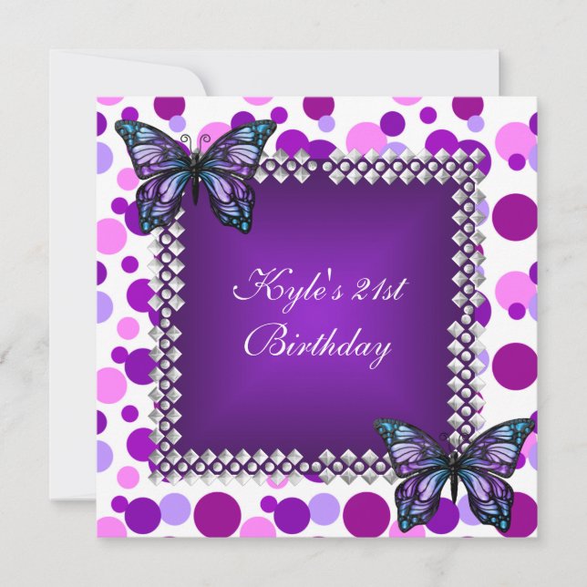 Invitation 21e Anniversaire fête Purple Spot Papillons Argent (Devant)