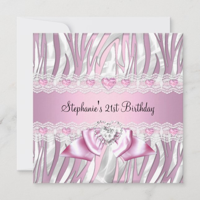 Invitation 21e Anniversaire Fête Rose Blanc Zèbre Diamant (Devant)
