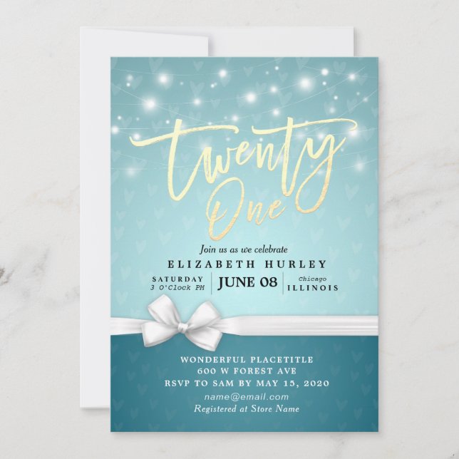 Invitation 21e Anniversaire Fête Turquoise Bleu Blanc Ruban (Devant)