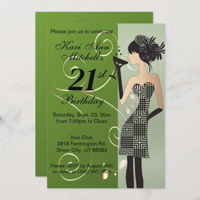 Invitation 21e anniversaire fille fête Bash - Vert (Devant / Derrière)