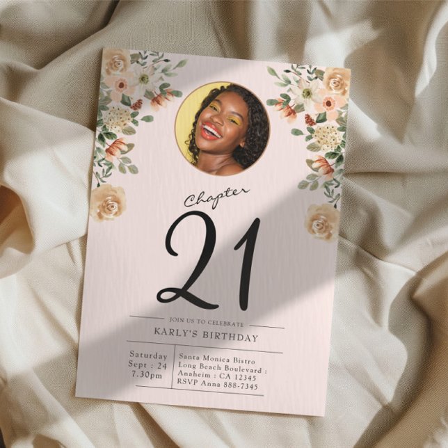 Invitation 21e anniversaire Floral Photo Party (Custom blush pink 21st birthday floral party invitation on a cloth background)