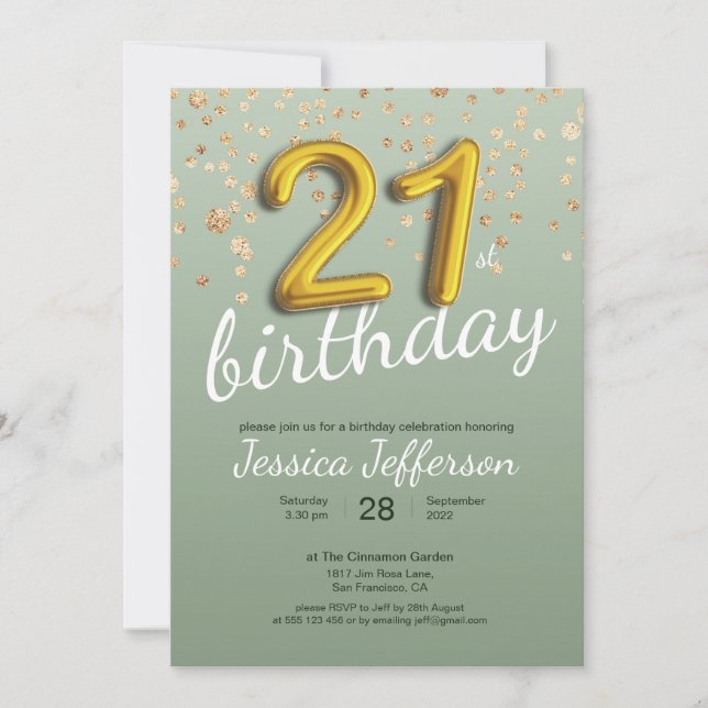 Invitation 21e Anniversaire Gold Confetti Foil Balloon Vert (Devant)
