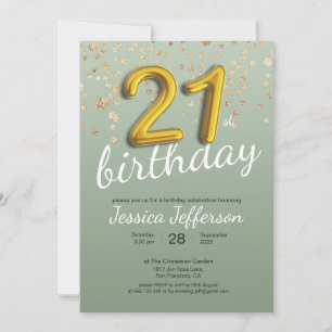 Invitation 21e Anniversaire Gold Confetti Foil Balloon Vert