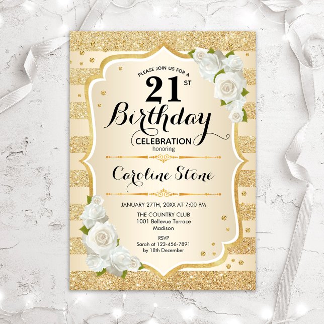 Invitation 21e anniversaire - Gold Stripes Roses blanches (Créateur téléchargé)
