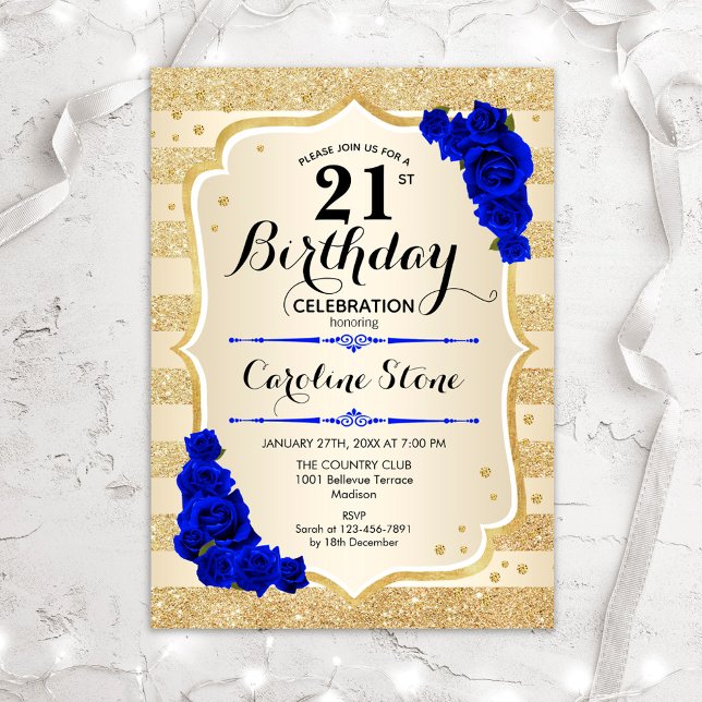 Invitation 21e anniversaire - Gold Stripes Royal Blue Roses (Créateur téléchargé)
