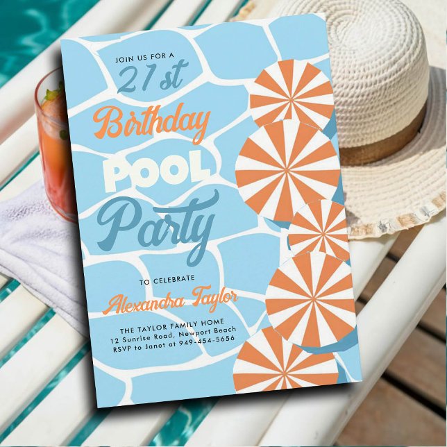 Invitation 21e anniversaire Idées été piscine parapluies (21st birthday ideas pool birthday party theme summer backyard personalized invitations aqua orange)