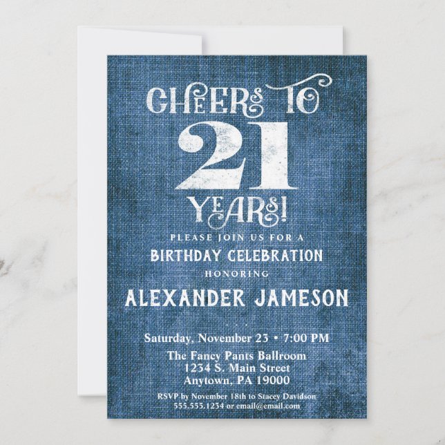 Invitation 21e Anniversaire Linen Bleu Bravo Rusti (Devant)
