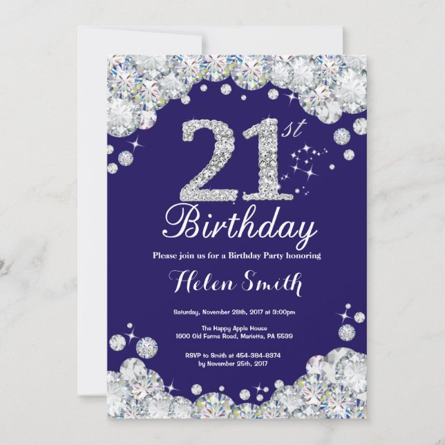 Invitation 21e anniversaire Marine Bleu et Diamant d'argent (Devant)
