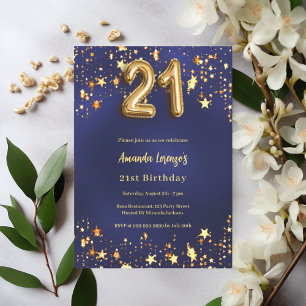 Invitation 21e anniversaire marine bleu or étoiles