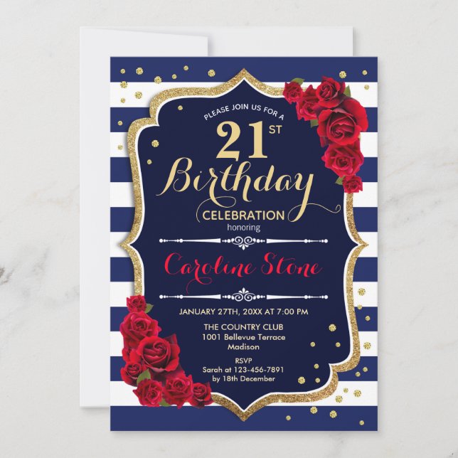 Invitation 21e anniversaire - Marine White Stripes et Red Ros (Devant)
