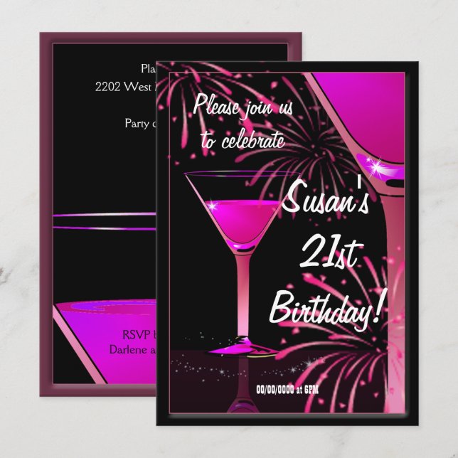 Invitation 21e anniversaire Martini Cocktail soirée rose (Devant / Derrière)