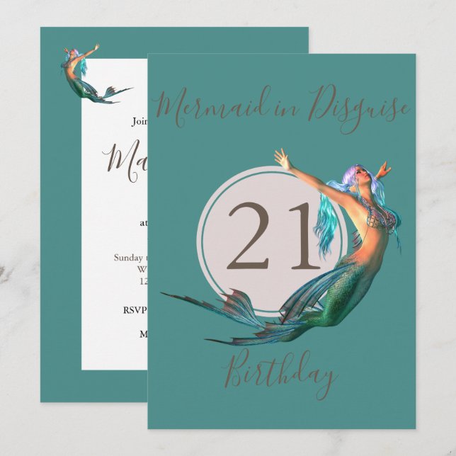 Invitation 21e anniversaire Mermaid à thème Anniversaire (Devant / Derrière)