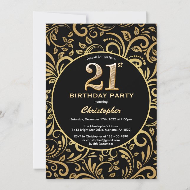 Invitation 21e anniversaire Modèle floral noir et or (Devant)