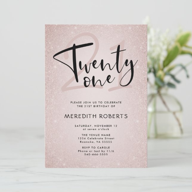 Invitation 21e anniversaire Modern Script Rose Gold Party (Debout devant)
