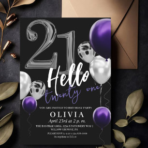 Invitation 21e anniversaire moderne Black Silver violet Ballo