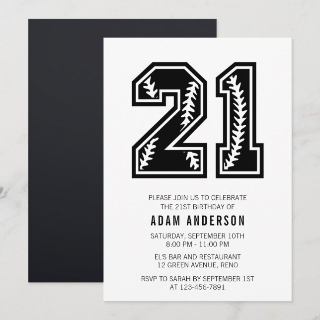 Invitation 21e anniversaire moderne noir et blanc (Devant / Derrière)