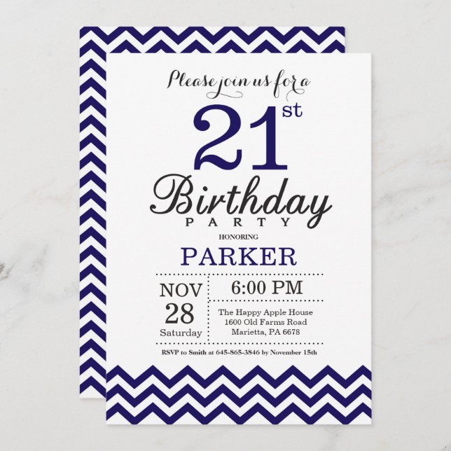 Invitation 21e anniversaire Navy Blue Chevron (Devant / Derrière)