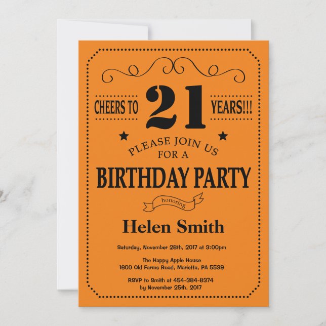 Invitation 21e anniversaire Noir et orange (Devant)