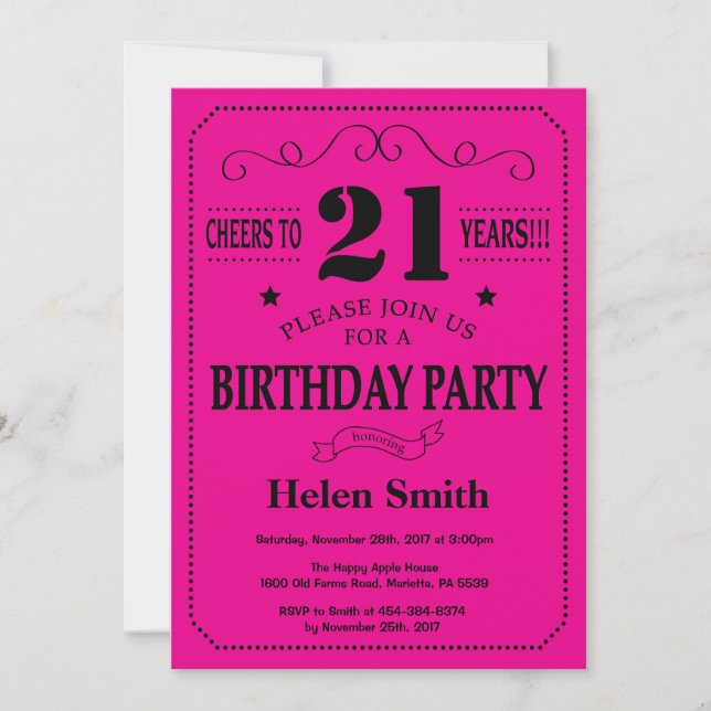 Invitation 21e anniversaire Noir et rose chaud (Devant)