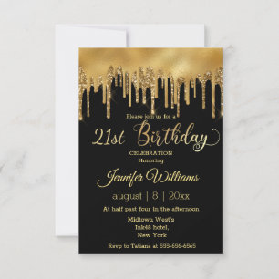 Invitation 21e anniversaire noir or goutte à goutte parties s